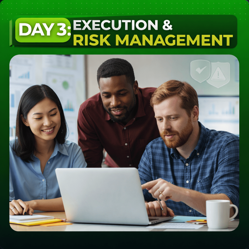 Day 3 execution and risk management session of the Rebel AI masterclass showing participants reviewing trade planning and controls